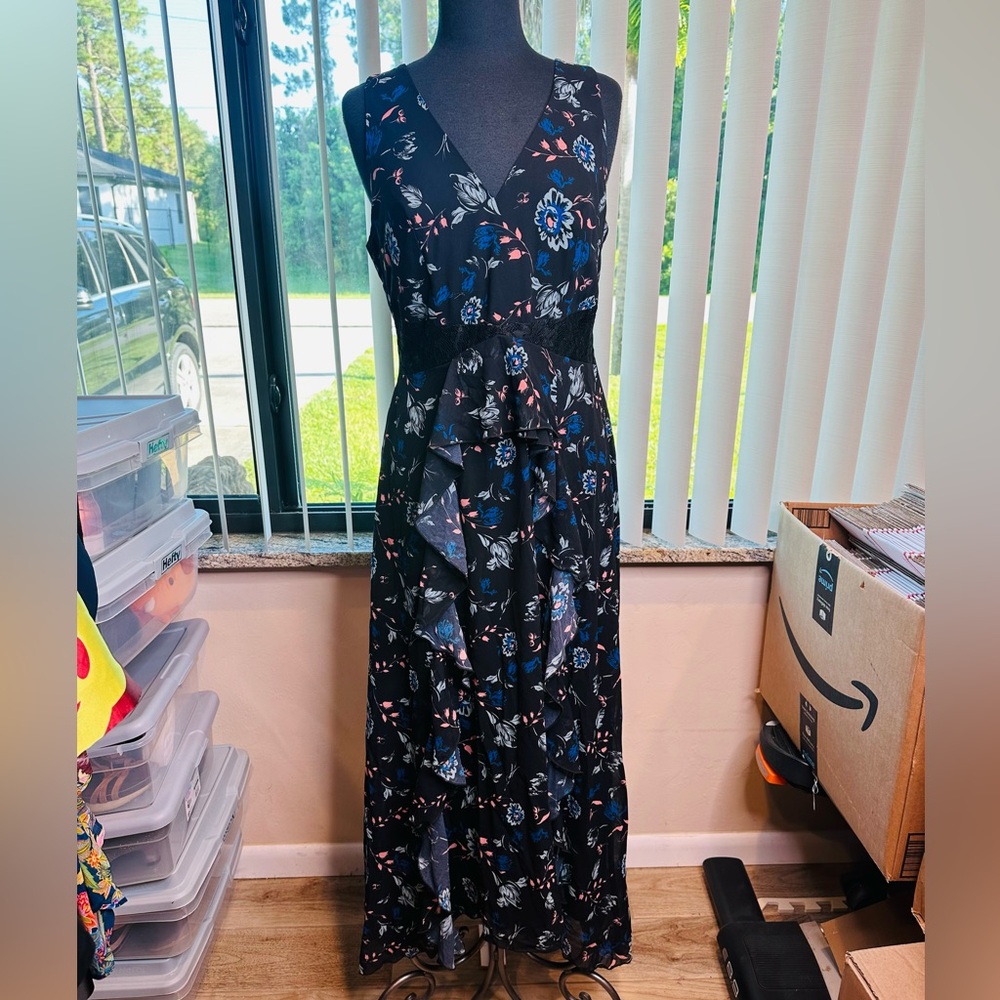 Little Mistress Sleeveless Black Floral Maxi Wedding Guest Dress Size 10